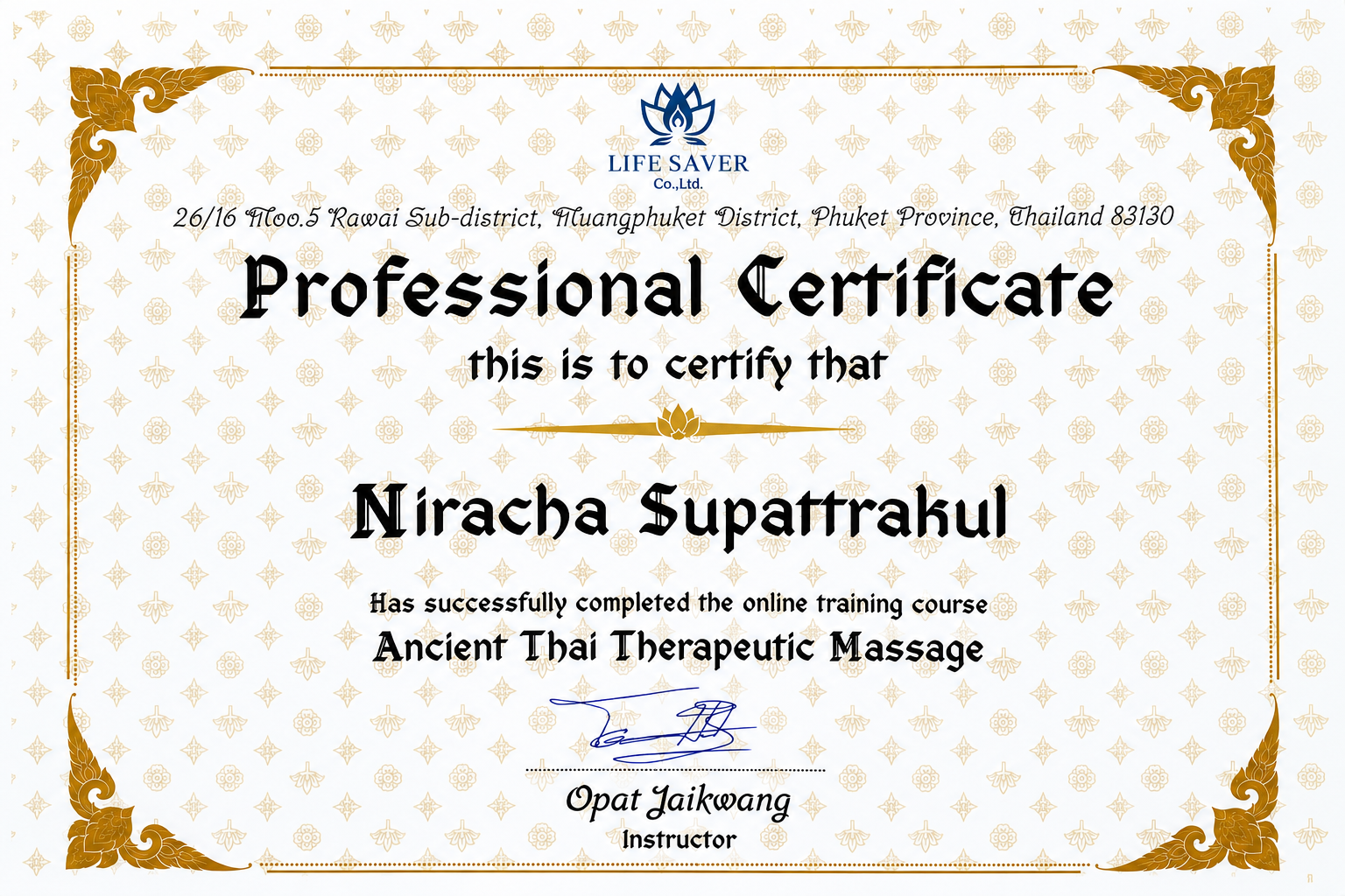 Vela Thai Massage certificaat 1